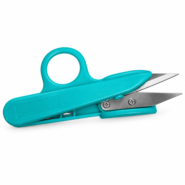 Mini stainless-steel clippers with turquoise handle, single finger loop and open blades on a white background