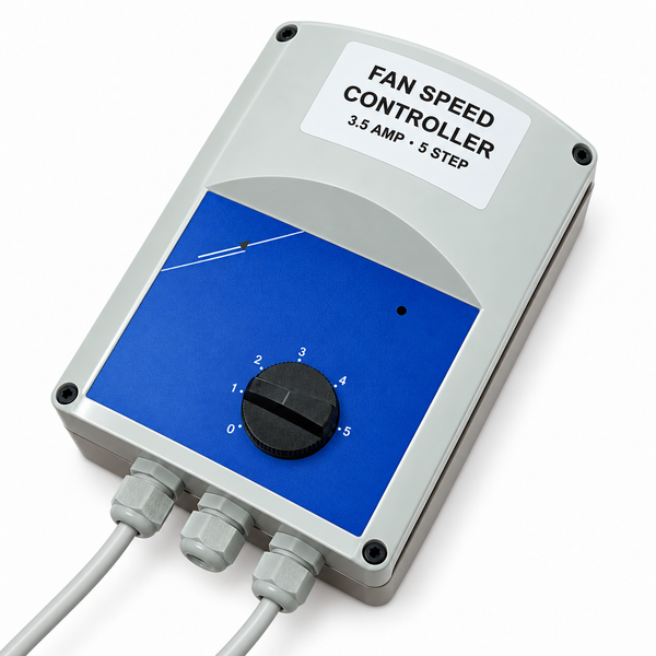 Can-Fan 3.5 amp five-step transformer fan speed controller with grey housing, blue panel and rotary dial on a white background