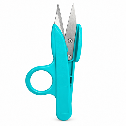 Front view of mini stainless-steel clippers showing the pointed blades and turquoise finger-loop handle on a white background