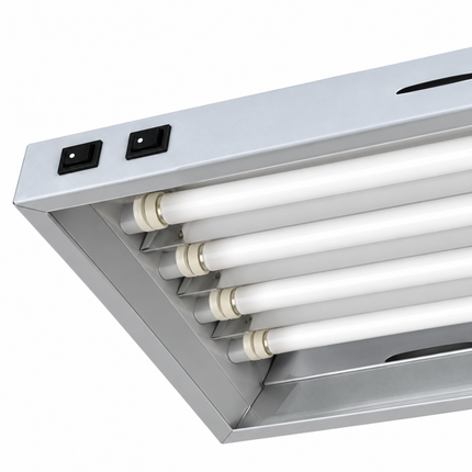 Close-up of the PowerPlant T5 metal housing, two rocker switches and four fluorescent lamp holders