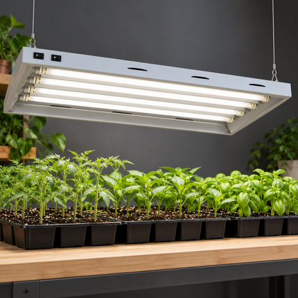 Illustrative setup of the PowerPlant T5 light above tomato, chilli and basil seedlings
