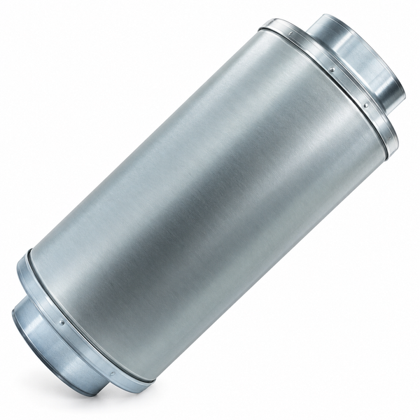 The Silencer 150mm Slimline Acoustic duct silencer with silver metal body and flanged ends on a white background
