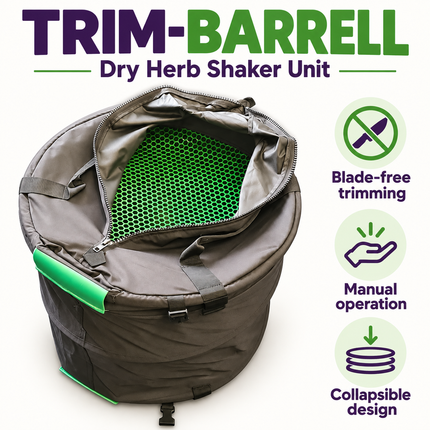 Trim-Barrell Dry Herb Shaker Unit showing blade-free trimming, manual operation and a collapsible design.
